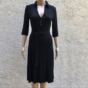 Black soft casual A-line dress with collar & belt